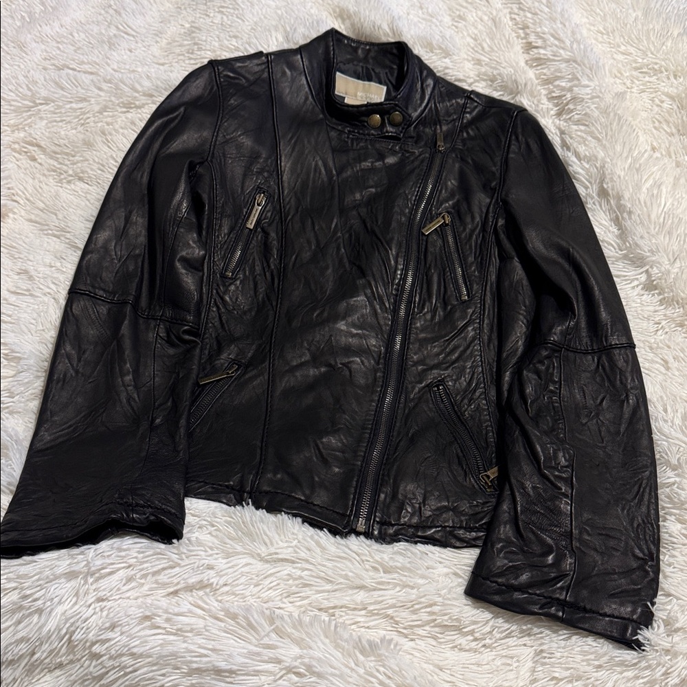 Michael Kors Black Genuine Leather Moto Biker Jacket, Sz L